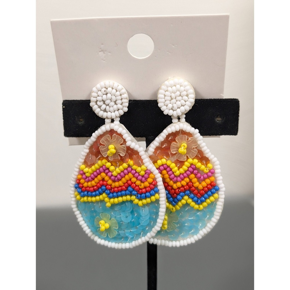 Easter Egg Beaded Dangle Earrings Colorful Spring Statement Bunny Basket Gift
